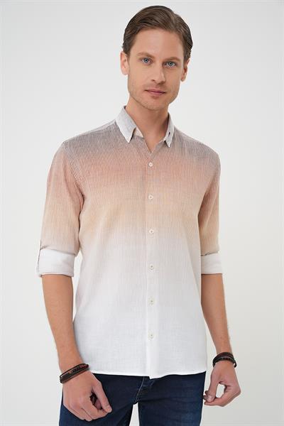 Comfort Fit Apoletli Degrade Desen Esnek Pamuk Bej Gömlek G 1575