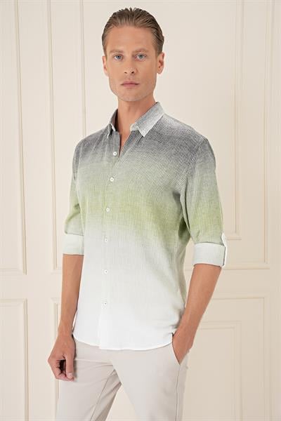 Comfort Fit Apoletli Degrade Desen Esnek Pamuk Yeşil Gömlek G 1575
