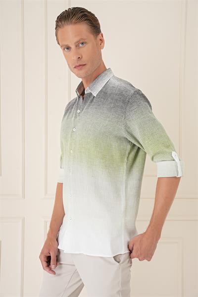 Comfort Fit Apoletli Degrade Desen Esnek Pamuk Yeşil Gömlek G 1575