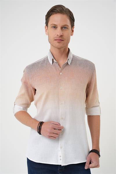 Comfort Fit Apoletli Degrade Desen Esnek Pamuk Bej Gömlek G 1575