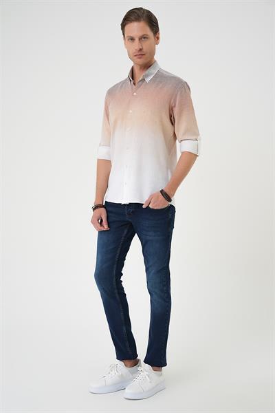 Comfort Fit Apoletli Degrade Desen Esnek Pamuk Bej Gömlek G 1575