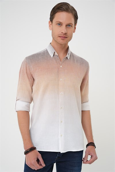 Comfort Fit Apoletli Degrade Desen Esnek Pamuk Bej Gömlek G 1575