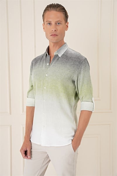 Comfort Fit Apoletli Degrade Desen Esnek Pamuk Yeşil Gömlek G 1575