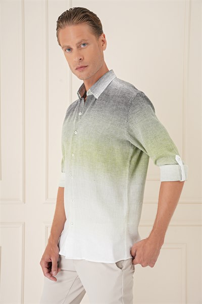 Comfort Fit Apoletli Degrade Desen Esnek Pamuk Yeşil Gömlek G 1575