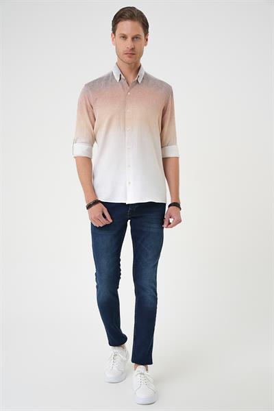 Comfort Fit Apoletli Degrade Desen Esnek Pamuk Bej Gömlek G 1575
