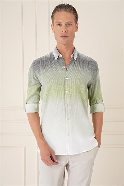 Comfort Fit Apoletli Degrade Desen Esnek Pamuk Yeşil Gömlek G 1575