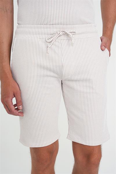 Comfort Fit Bağcıklı Bel Çizgili Pamuk Casual Bej Şort Bermuda 038 