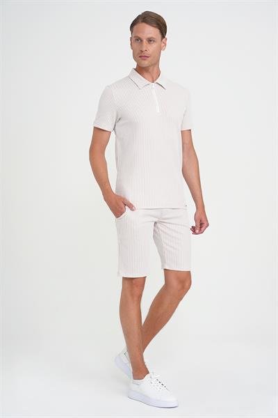 Comfort Fit Bağcıklı Bel Çizgili Pamuk Casual Bej Şort Bermuda 038 