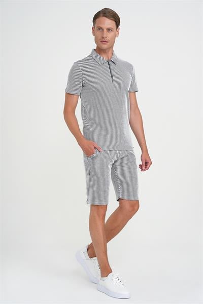 Comfort Fit Bağcıklı Bel Çizgili Pamuk Casual Siyah Şort Bermuda 038 