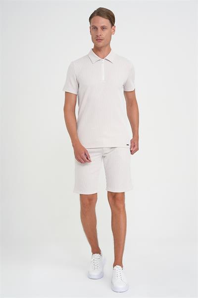 Comfort Fit Bağcıklı Bel Çizgili Pamuk Casual Bej Şort Bermuda 038 