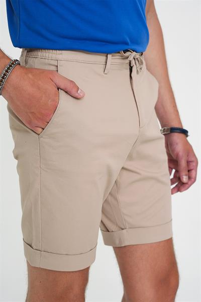 Comfort Fit Bağcıklı ve Lastikli Bel Esnek Pamuk Casual Bej Şort Bermuda 036 