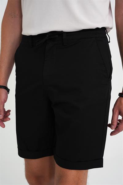 Comfort Fit Bağcıklı ve Lastikli Bel Esnek Pamuk Casual Siyah Şort Bermuda 036 