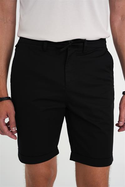Comfort Fit Bağcıklı ve Lastikli Bel Esnek Pamuk Casual Siyah Şort Bermuda 036 