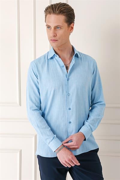 Comfort Fit Balıksırtı Dokuma %100 Pamuk Klasik Turkuaz Gömlek Gk 722
