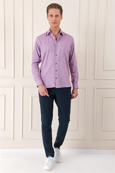 Comfort Fit Balıksırtı Dokuma %100 Pamuk Klasik Mor Gömlek Gk 722