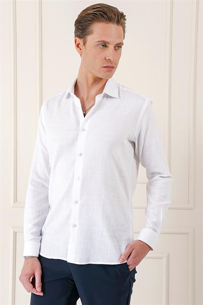 Comfort Fit Balıksırtı Dokuma %100 Pamuk Klasik Beyaz Gömlek Gk 722