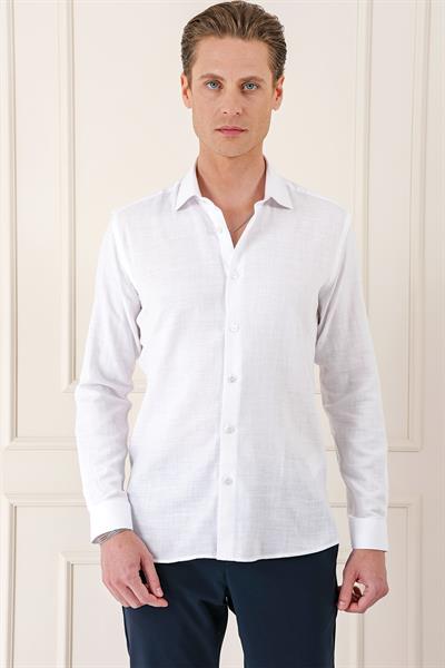 Comfort Fit Balıksırtı Dokuma %100 Pamuk Klasik Beyaz Gömlek Gk 722