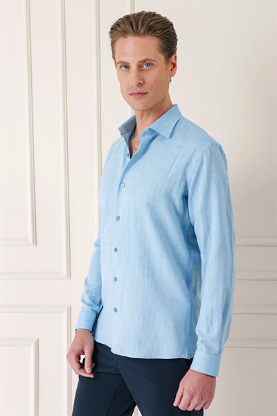 Comfort Fit Balıksırtı Dokuma %100 Pamuk Klasik Turkuaz Gömlek Gk 722