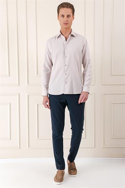 Comfort Fit Balıksırtı Dokuma %100 Pamuk Bej Gömlek GK 722