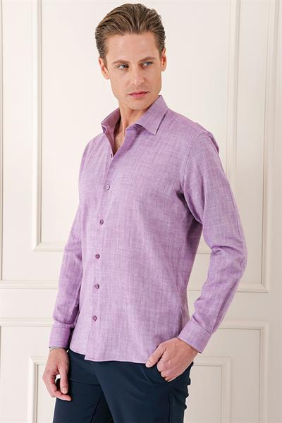 Comfort Fit Balıksırtı Dokuma %100 Pamuk Klasik Mor Gömlek Gk 722