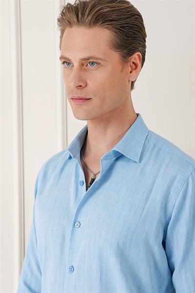 Comfort Fit Balıksırtı Dokuma %100 Pamuk Klasik Turkuaz Gömlek Gk 722