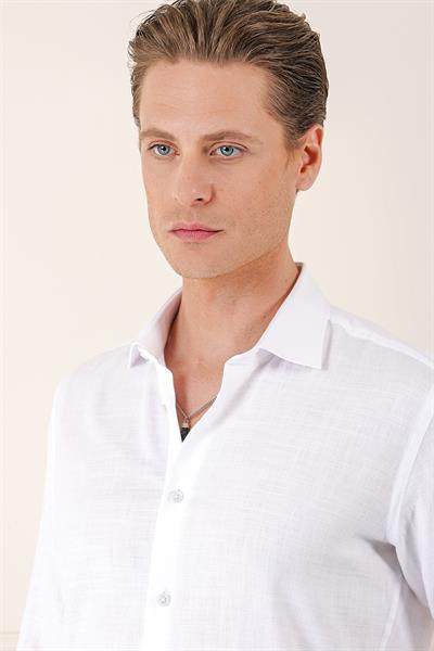 Comfort Fit Balıksırtı Dokuma %100 Pamuk Klasik Beyaz Gömlek Gk 722