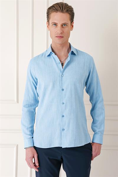 Comfort Fit Balıksırtı Dokuma %100 Pamuk Klasik Turkuaz Gömlek Gk 722