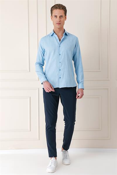 Comfort Fit Balıksırtı Dokuma %100 Pamuk Klasik Turkuaz Gömlek Gk 722