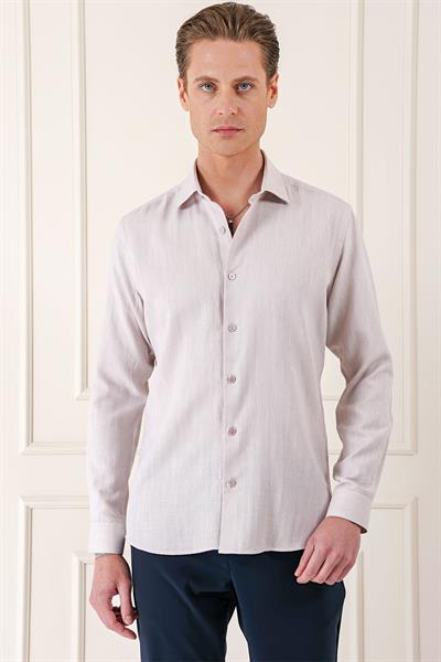 Comfort Fit Balıksırtı Dokuma %100 Pamuk Klasik Bej Gömlek Gk 722