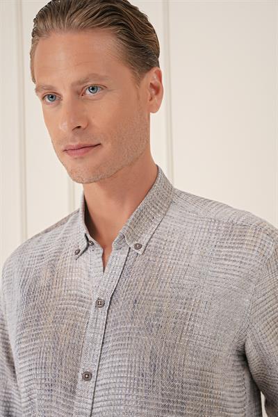 Comfort Fit Batik Desen %100 Keten Bej Gömlek G 1571