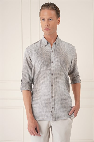 Comfort Fit Batik Desen %100 Keten Bej Gömlek G 1571