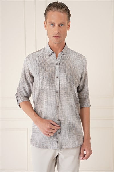 Comfort Fit Batik Desen %100 Keten Bej Gömlek G 1571