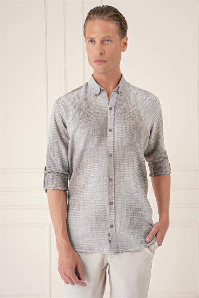 Comfort Fit Batik Desen %100 Keten Bej Gömlek G 1571