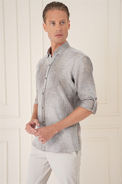 Comfort Fit Batik Desen %100 Keten Bej Gömlek G 1571