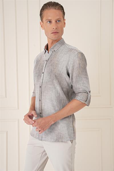 Comfort Fit Batik Desen %100 Keten Bej Gömlek G 1571