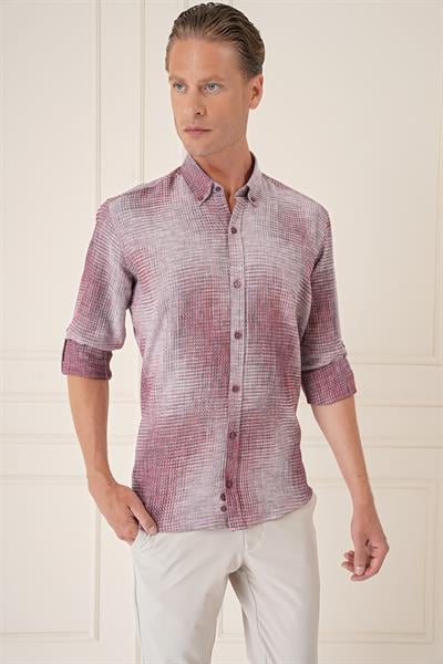 Comfort Fit Batik Desen %100 Keten Bordo Gömlek G 1571