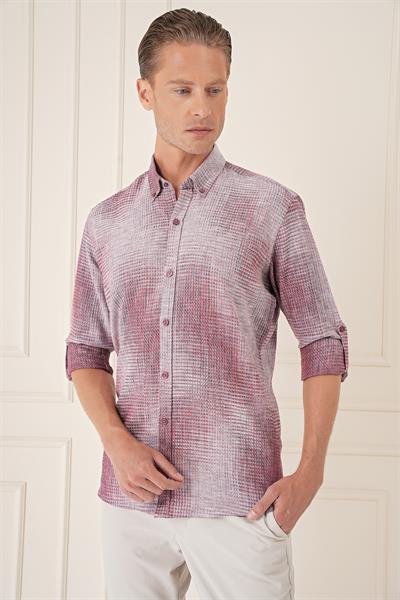 Comfort Fit Batik Desen %100 Keten Bordo Gömlek G 1571