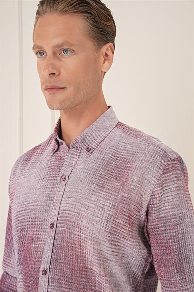 Comfort Fit Batik Desen %100 Keten Bordo Gömlek G 1571