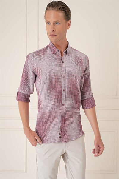 Comfort Fit Batik Desen %100 Keten Bordo Gömlek G 1571