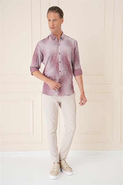 Comfort Fit Batik Desen %100 Keten Bordo Gömlek G 1571