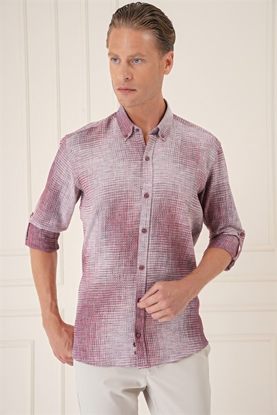 Comfort Fit Batik Desen %100 Keten Bordo Gömlek G 1571