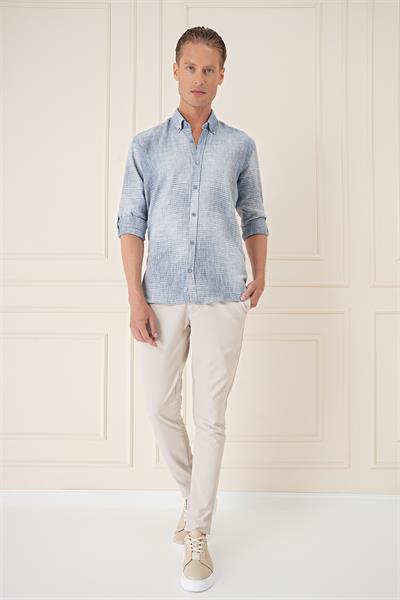 Comfort Fit Batik Desen %100 Keten Mavi Gömlek G 1571