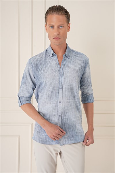 Comfort Fit Batik Desen %100 Keten Mavi Gömlek G 1571