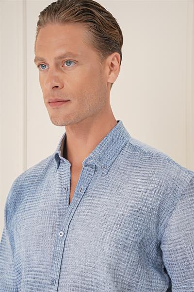 Comfort Fit Batik Desen %100 Keten Mavi Gömlek G 1571