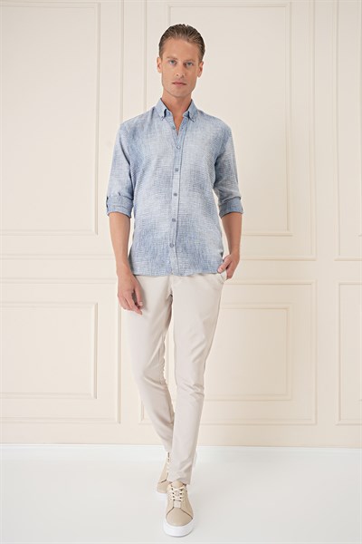 Comfort Fit Batik Desen %100 Keten Mavi Gömlek G 1571
