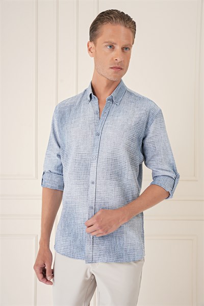 Comfort Fit Batik Desen %100 Keten Mavi Gömlek G 1571