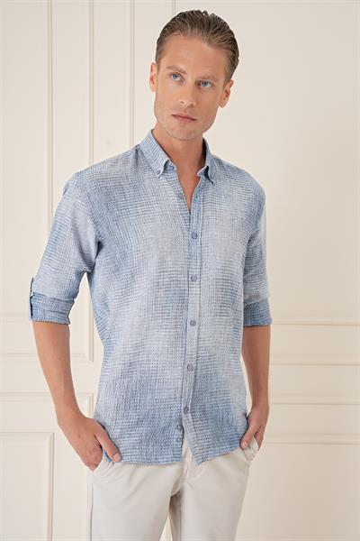 Comfort Fit Batik Desen %100 Keten Mavi Gömlek G 1571