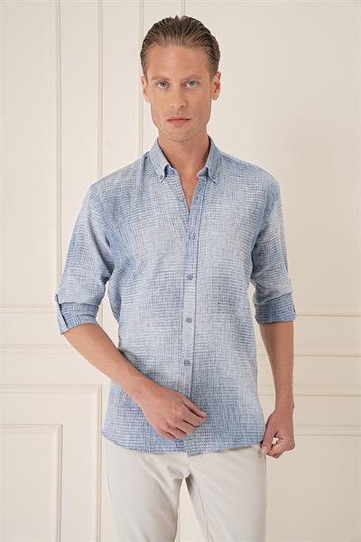 Comfort Fit Batik Desen %100 Keten Mavi Gömlek G 1571
