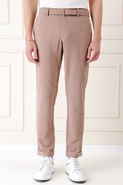 Comfort Fit Belden Kumaş Kemerli Pamuk Bej Jogger Pantolon P 1154