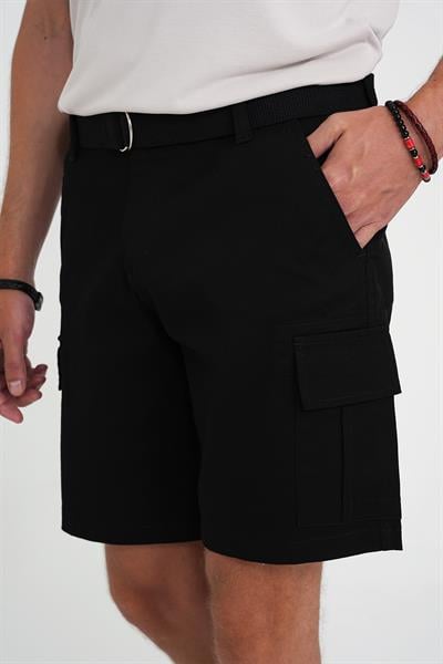 Comfort Fit Beli Kemerli Kargo Cep Pamuk Casual Siyah Şort Bermuda 039 